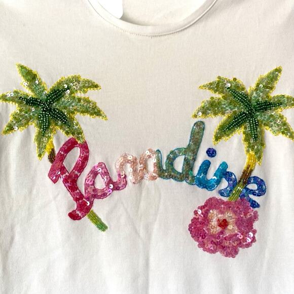 Escada Sport White Stretch Paradise Sequin Letter Palm Tree T-Shirt size small - Picture 4 of 5